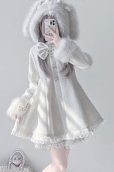 Ivory Long Sleeves Bowknot Rabbit Ears Detachable Hooded Japanese Jirai Kei Coat